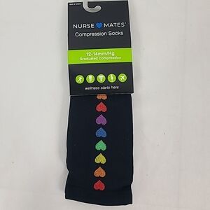 NWT Nurse Mates Compression Socks 'Rainbow Hearts' Black sz 9-11
